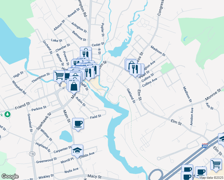 map of restaurants, bars, coffee shops, grocery stores, and more near 34 Water Street in Amesbury
