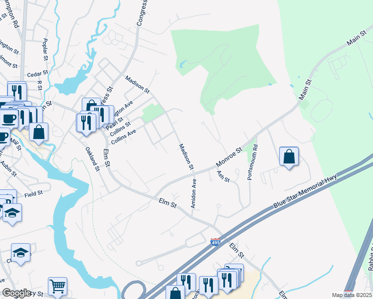 map of restaurants, bars, coffee shops, grocery stores, and more near 69 Madison Street in Amesbury