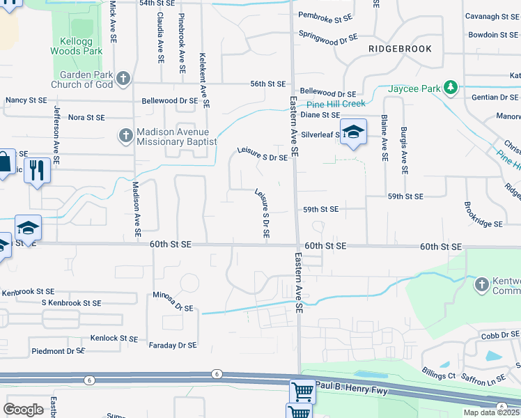 map of restaurants, bars, coffee shops, grocery stores, and more near 5941 Leisure South Drive Southeast in Kentwood