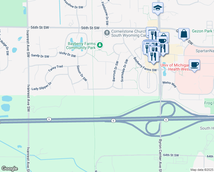 map of restaurants, bars, coffee shops, grocery stores, and more near 5951 Barcroft Dr SW in Wyoming