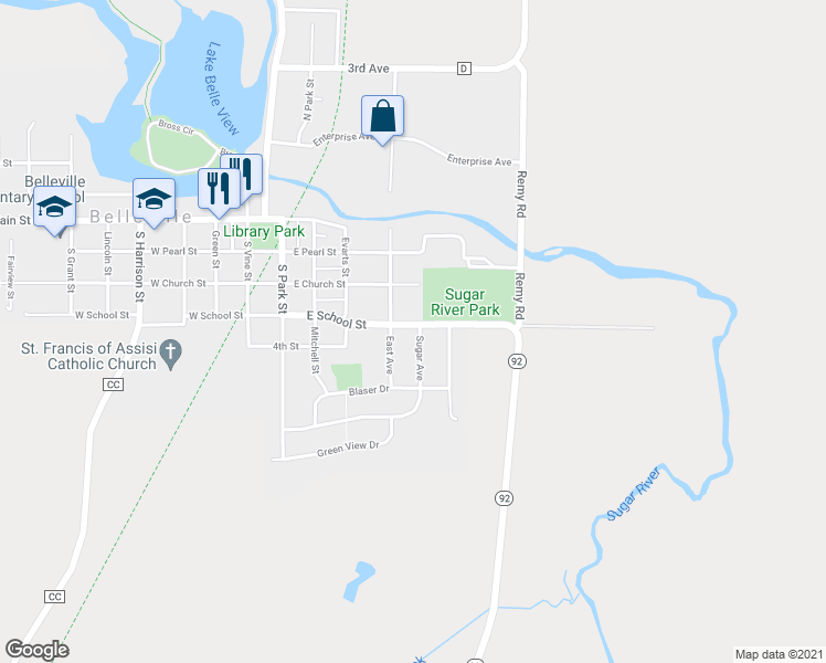 map of restaurants, bars, coffee shops, grocery stores, and more near 305 Sugar Avenue in Belleville