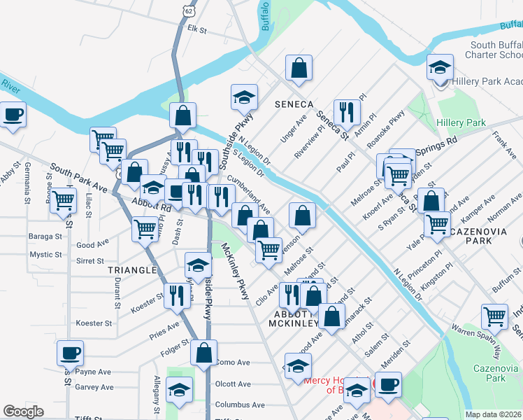 map of restaurants, bars, coffee shops, grocery stores, and more near 87 Marbeth Court in Buffalo