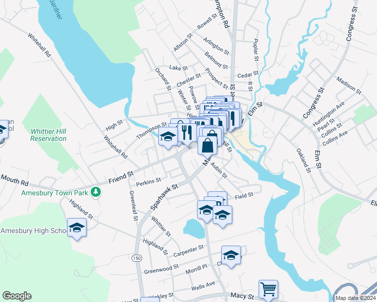 map of restaurants, bars, coffee shops, grocery stores, and more near 60 Friend Street in Amesbury
