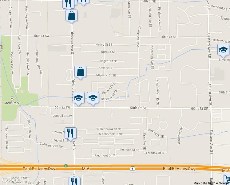 map of restaurants, bars, coffee shops, grocery stores, and more near 284 Barkway Drive Southeast in Kentwood