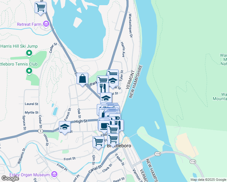 map of restaurants, bars, coffee shops, grocery stores, and more near 48 Walnut St in Brattleboro