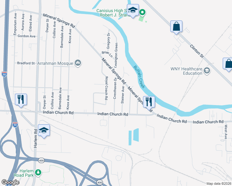 map of restaurants, bars, coffee shops, grocery stores, and more near 76 Cresthaven Drive in West Seneca