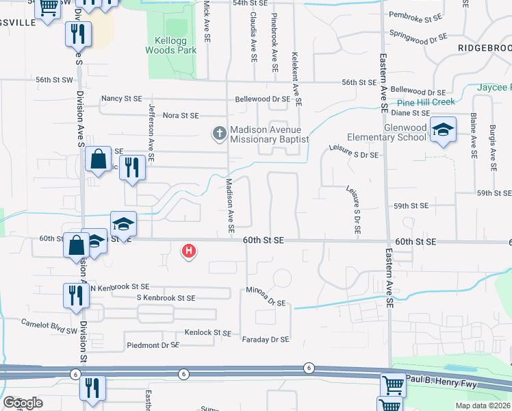 map of restaurants, bars, coffee shops, grocery stores, and more near 5918 Pine Vista Street Southeast in Kentwood