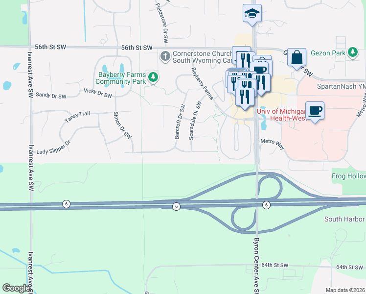 map of restaurants, bars, coffee shops, grocery stores, and more near 2651 Cotherstone Dr SW in Wyoming
