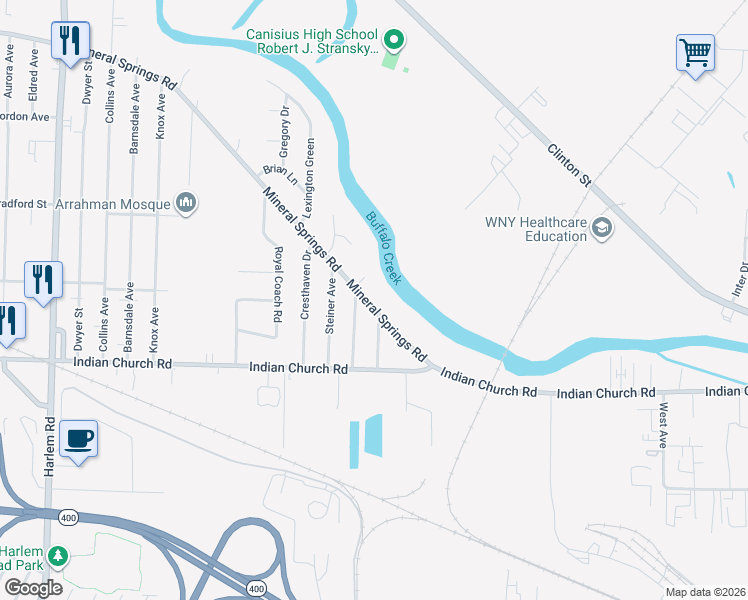 map of restaurants, bars, coffee shops, grocery stores, and more near 1168 Mineral Springs Rd in West Seneca