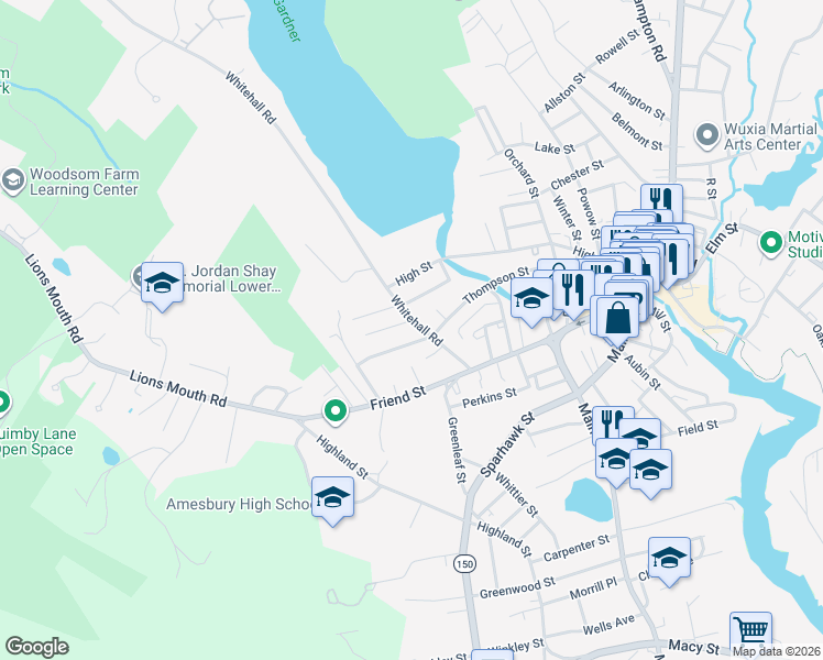 map of restaurants, bars, coffee shops, grocery stores, and more near 38 Whitehall Road in Amesbury