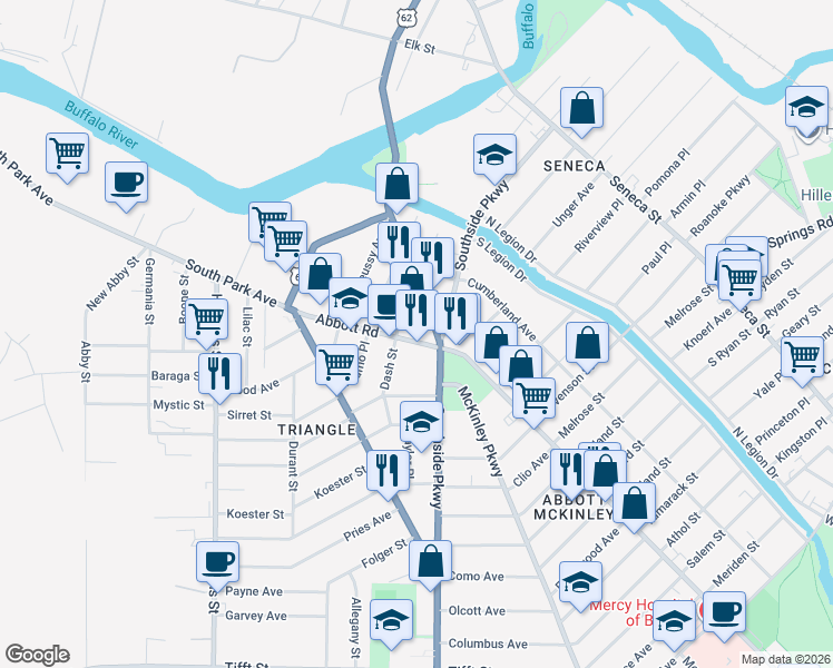map of restaurants, bars, coffee shops, grocery stores, and more near 114 Abbott Road in Buffalo