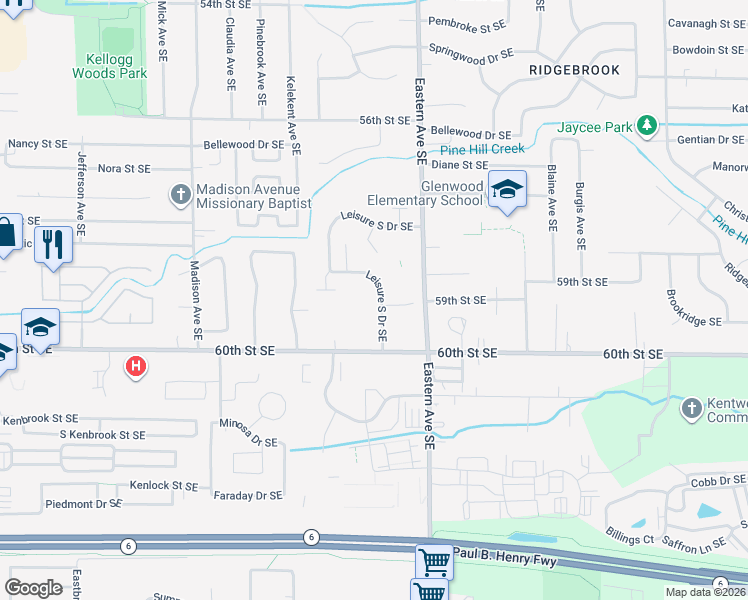 map of restaurants, bars, coffee shops, grocery stores, and more near 5941 Leisure South Drive Southeast in Kentwood
