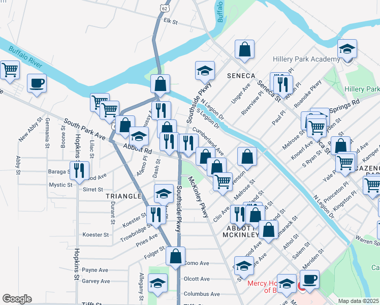 map of restaurants, bars, coffee shops, grocery stores, and more near 285 Southside Pkwy in Buffalo