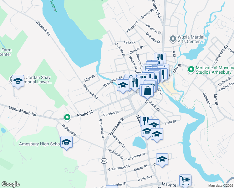 map of restaurants, bars, coffee shops, grocery stores, and more near 10 Summer Street in Amesbury