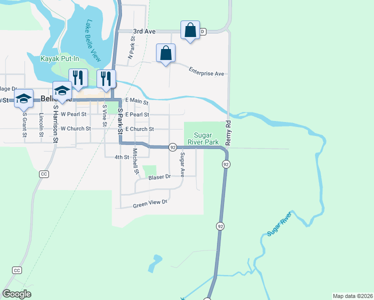 map of restaurants, bars, coffee shops, grocery stores, and more near 305 Sugar Avenue in Belleville