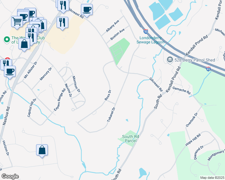 map of restaurants, bars, coffee shops, grocery stores, and more near 13 Ross Drive in Londonderry