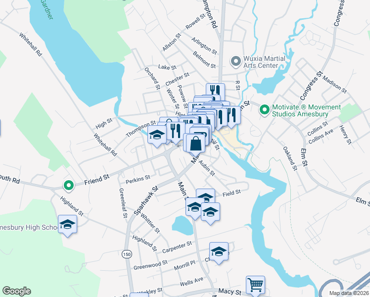map of restaurants, bars, coffee shops, grocery stores, and more near 101 Main Street in Amesbury