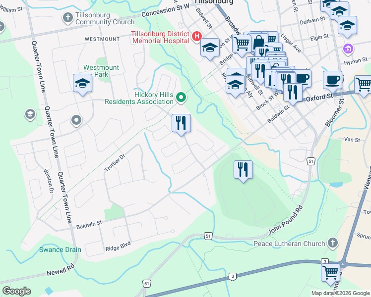 map of restaurants, bars, coffee shops, grocery stores, and more near 21 Wilson Avenue in Tillsonburg