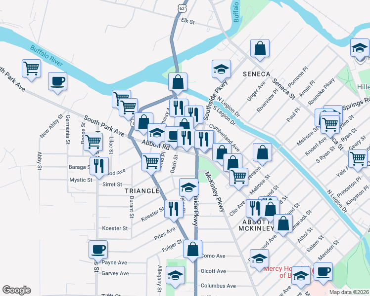map of restaurants, bars, coffee shops, grocery stores, and more near 114 Abbott Road in Buffalo