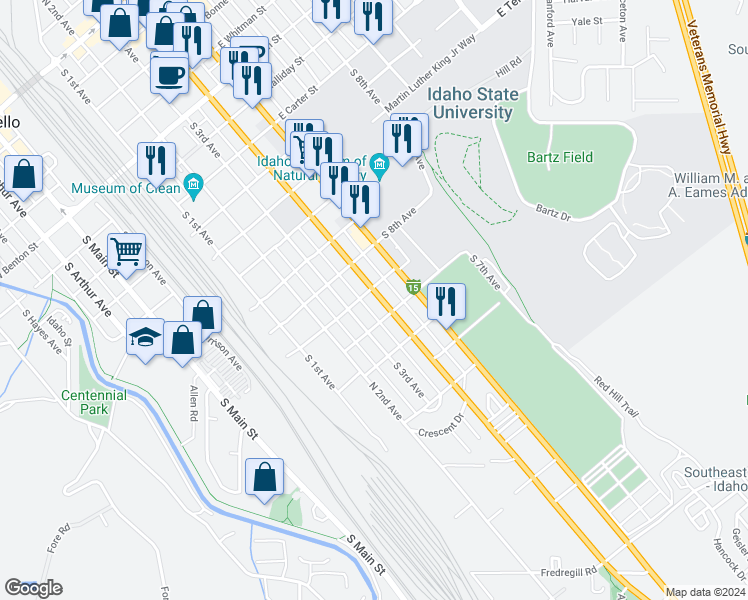 map of restaurants, bars, coffee shops, grocery stores, and more near 1317 South 4th Avenue in Pocatello