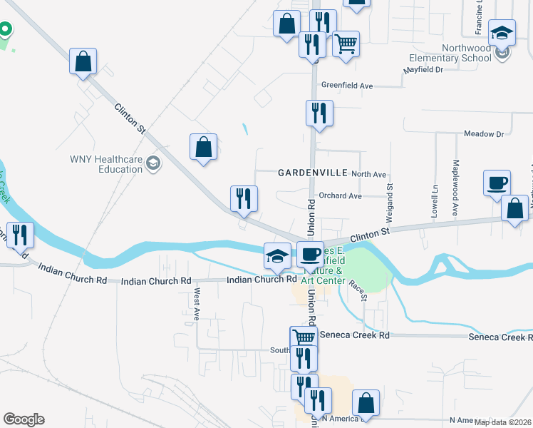 map of restaurants, bars, coffee shops, grocery stores, and more near 3402 Clinton Street in Buffalo