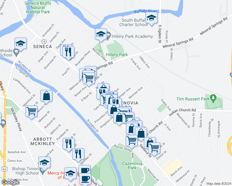 map of restaurants, bars, coffee shops, grocery stores, and more near 47 Weyand Avenue in Buffalo