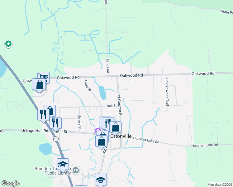 map of restaurants, bars, coffee shops, grocery stores, and more near 277 North Church Street in Brandon Township