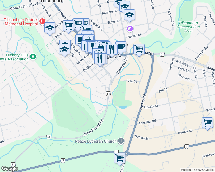 map of restaurants, bars, coffee shops, grocery stores, and more near 3 John Pound Road in Tillsonburg