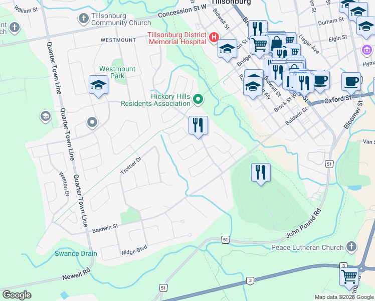 map of restaurants, bars, coffee shops, grocery stores, and more near 50 Edwin Crescent in Tillsonburg