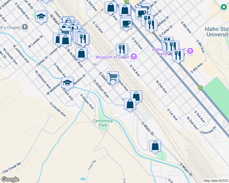 map of restaurants, bars, coffee shops, grocery stores, and more near 815 South Main Street in Pocatello