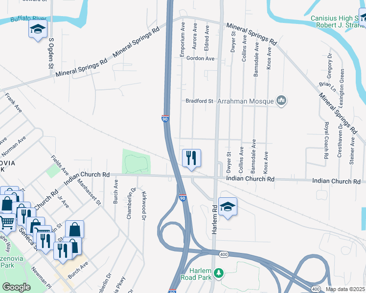 map of restaurants, bars, coffee shops, grocery stores, and more near 69 Emporium Avenue in Buffalo