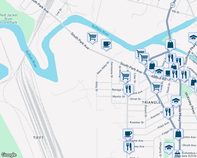 map of restaurants, bars, coffee shops, grocery stores, and more near 347 Abby Street in Buffalo
