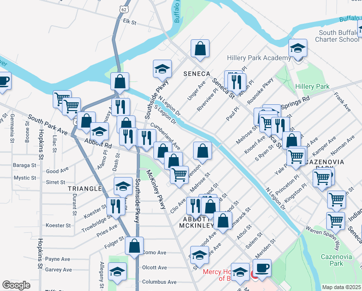 map of restaurants, bars, coffee shops, grocery stores, and more near 102 Cumberland Avenue in Buffalo