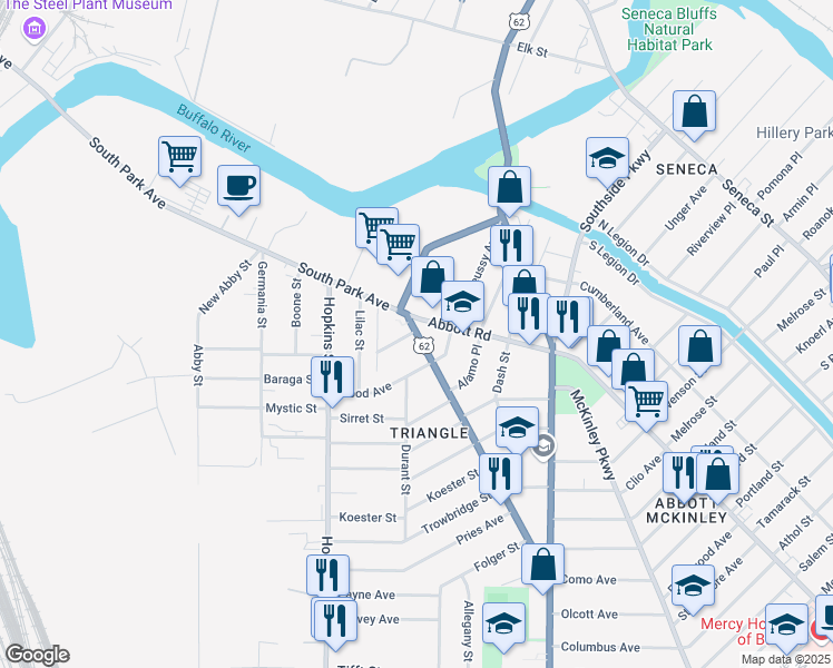 map of restaurants, bars, coffee shops, grocery stores, and more near 1515 South Park Avenue in Buffalo
