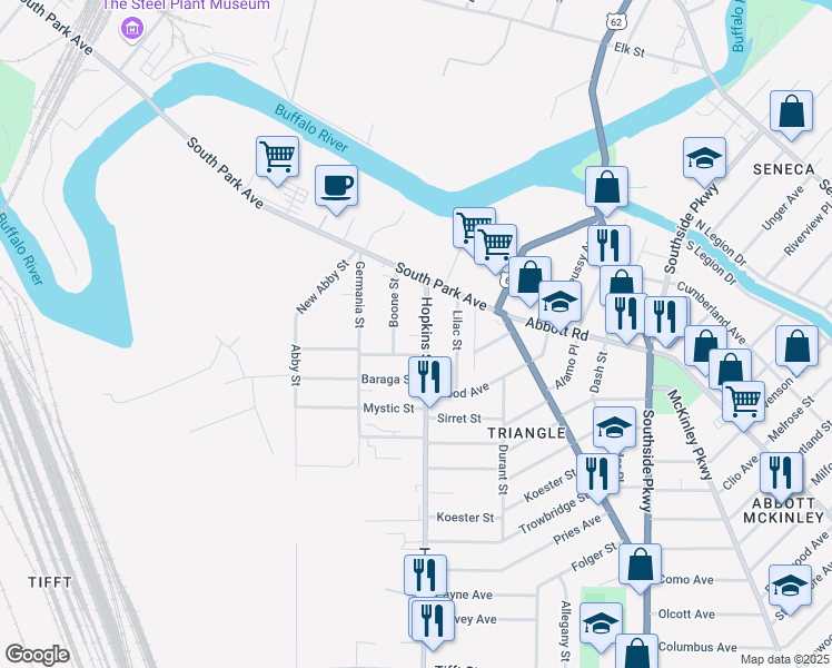 map of restaurants, bars, coffee shops, grocery stores, and more near 696 Hopkins Street in Buffalo