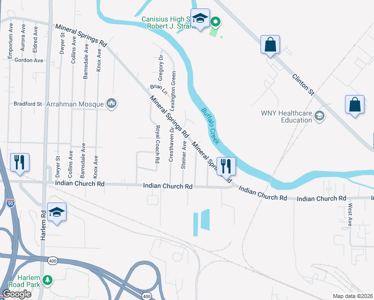 map of restaurants, bars, coffee shops, grocery stores, and more near 83 Steiner Ave in Buffalo