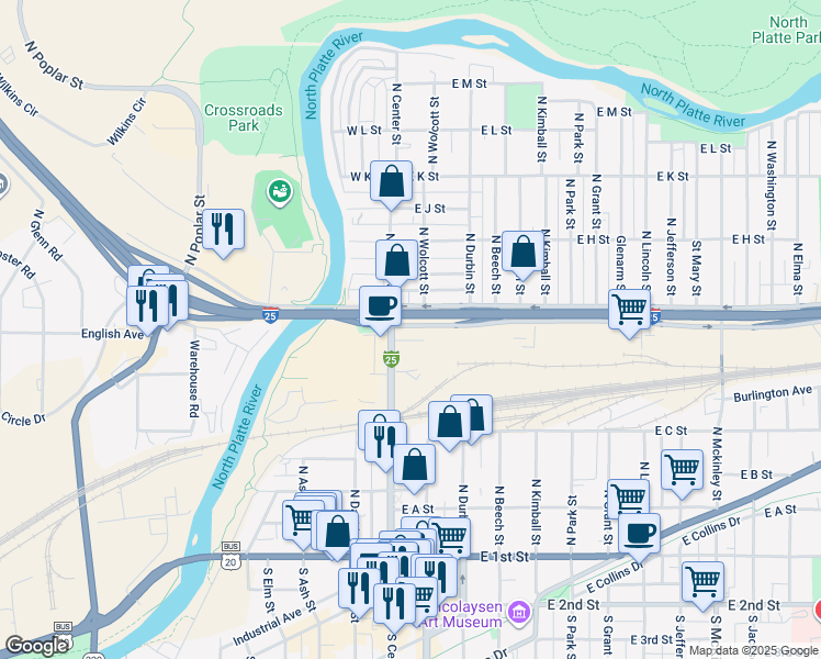 map of restaurants, bars, coffee shops, grocery stores, and more near 255 East E Street in Casper