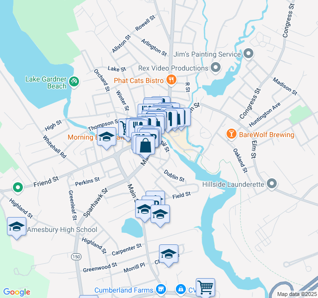 map of restaurants, bars, coffee shops, grocery stores, and more near 11 1/2 Mill Street in Amesbury