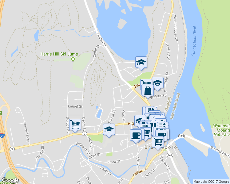 map of restaurants, bars, coffee shops, grocery stores, and more near 139 Forest Street in Brattleboro