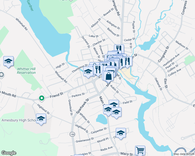 map of restaurants, bars, coffee shops, grocery stores, and more near 64 Massachusetts 150 in Amesbury