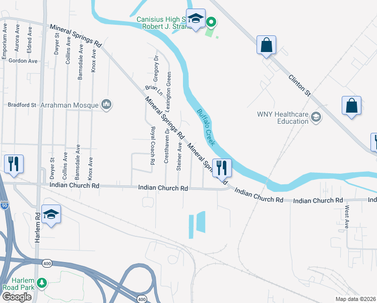 map of restaurants, bars, coffee shops, grocery stores, and more near 83 Steiner Avenue in Buffalo