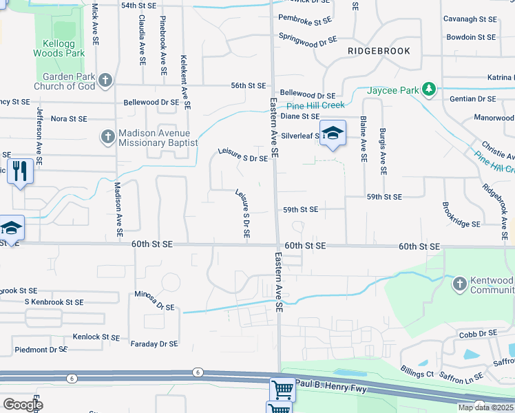 map of restaurants, bars, coffee shops, grocery stores, and more near 5894 Leisure South Drive Southeast in Kentwood