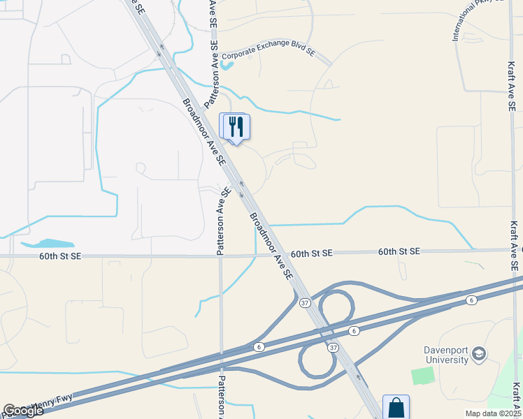 map of restaurants, bars, coffee shops, grocery stores, and more near 5914 Broadmoor Avenue Southeast in Grand Rapids