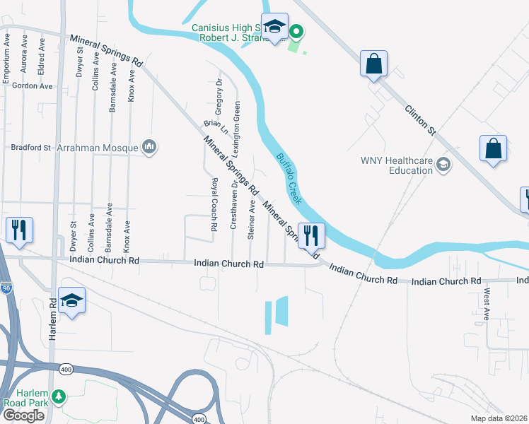 map of restaurants, bars, coffee shops, grocery stores, and more near 83 Steiner Avenue in Buffalo