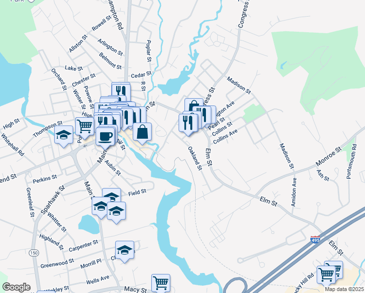 map of restaurants, bars, coffee shops, grocery stores, and more near 11 Oakland Street in Amesbury