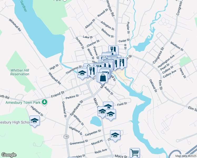 map of restaurants, bars, coffee shops, grocery stores, and more near 44 Friend Street in Amesbury