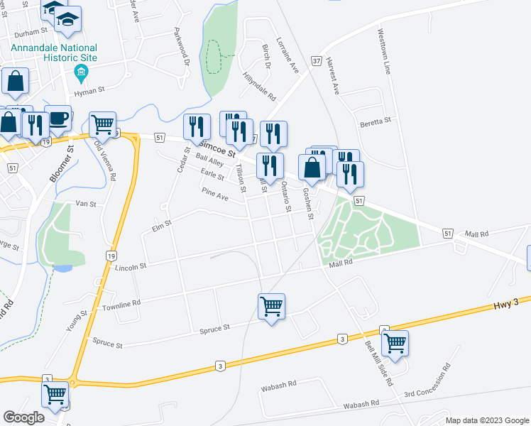 map of restaurants, bars, coffee shops, grocery stores, and more near 29 Ball Street in Tillsonburg