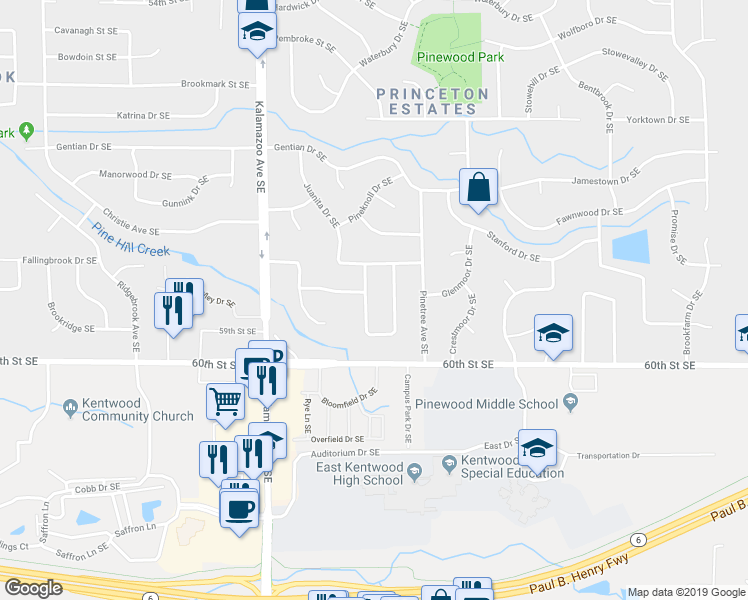 map of restaurants, bars, coffee shops, grocery stores, and more near 5894 Penny Farm Drive Southeast in Kentwood