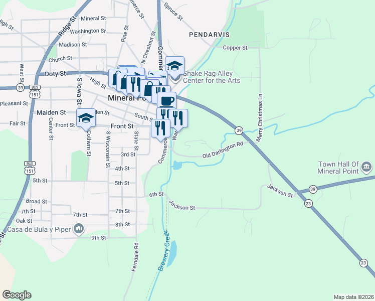 map of restaurants, bars, coffee shops, grocery stores, and more near 111 Old Darlington Road in Mineral Point