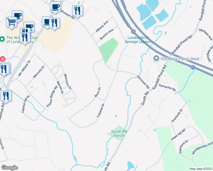 map of restaurants, bars, coffee shops, grocery stores, and more near 13 Ross Drive in Londonderry
